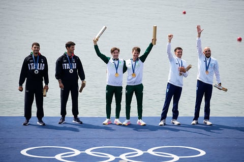 Men's lightweight double sculls rowing: Italy's Gabriel Soares and Stefano Oppo (Silver),  Ireland's Fintan McCarthy and Paul O'Donovan (Gold) and Greece's Antonios Papakonstantinou and Petros Gkaidatzis (Bronze)